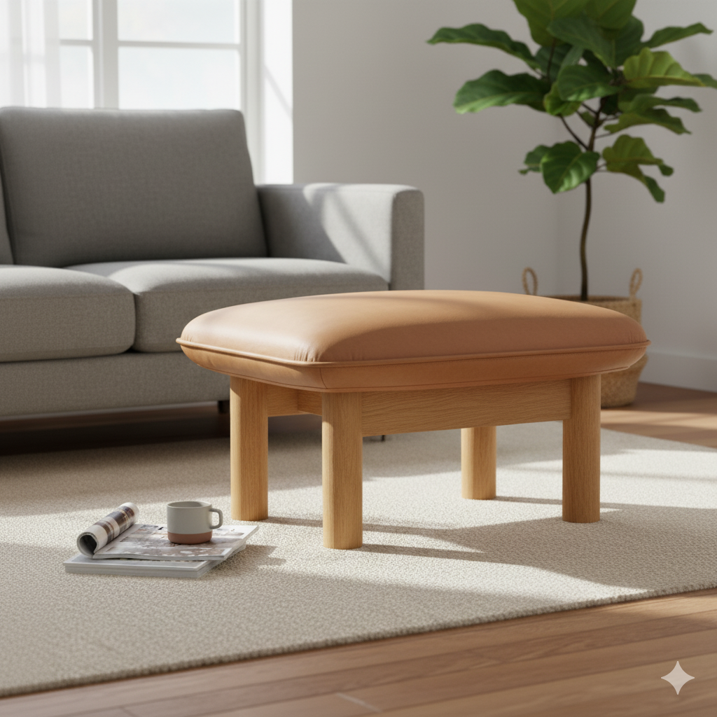 लेदरेट अपहोल्स्ट्री और लकड़ी के बेस वाला ओटोमन