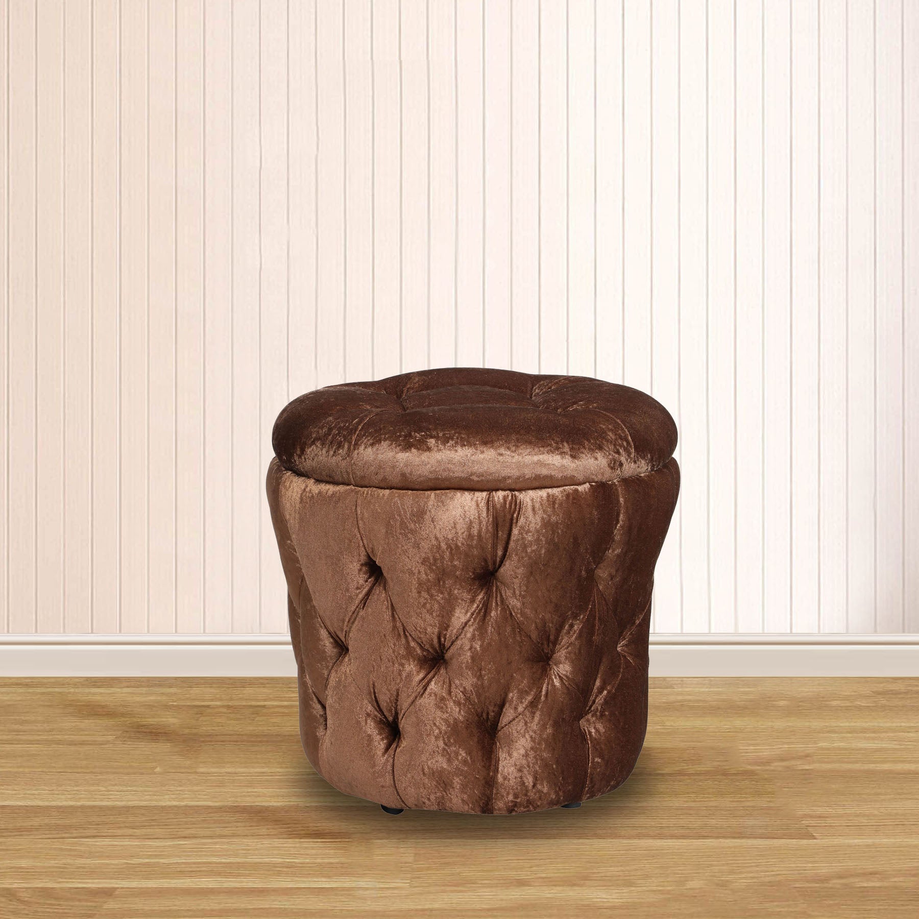 Luxurious Brown Velvet Round Ottoman Pouffe with Button Tufted Footstool and Seat for Living Room