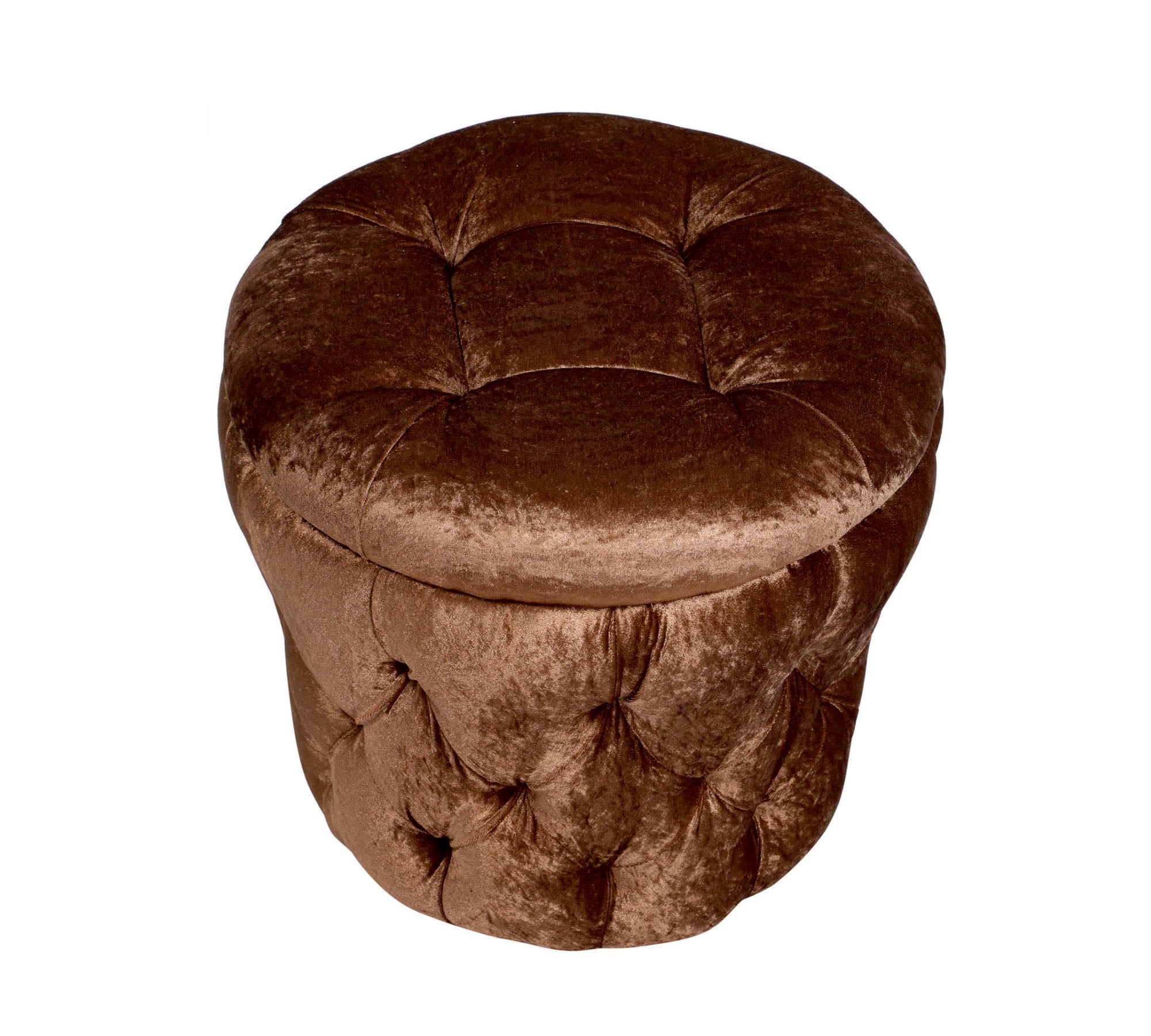 Luxurious Brown Velvet Round Ottoman Pouffe with Button Tufted Footstool and Seat for Living Room