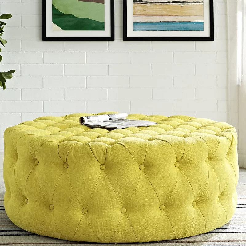 Ottoman with Wooden Base Fully Cushioned Cotton Fabric