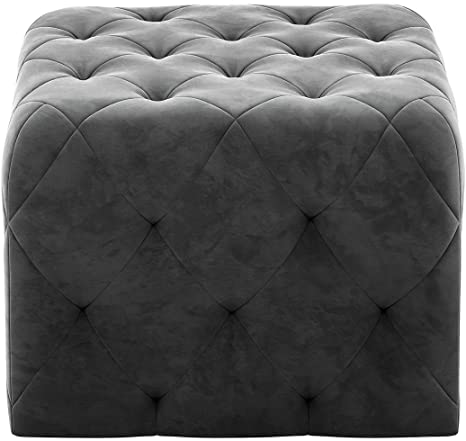 Luxurious Tufted Velvet Ottoman Footstool - Elegant Grey Cube Pouffe for Living Room & Bedroom Furniture