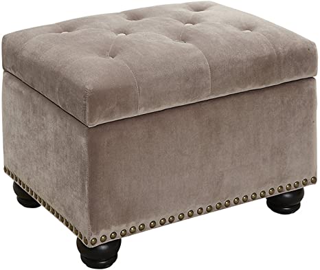 Luxurious Tufted Velvet Storage Ottoman with Nailhead Trim & Dark Wood Legs - Stylish Home Furniture