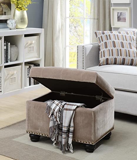 Luxurious Tufted Velvet Storage Ottoman with Nailhead Trim & Dark Wood Legs - Stylish Home Furniture