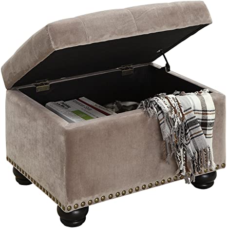 Luxurious Tufted Velvet Storage Ottoman with Nailhead Trim & Dark Wood Legs - Stylish Home Furniture