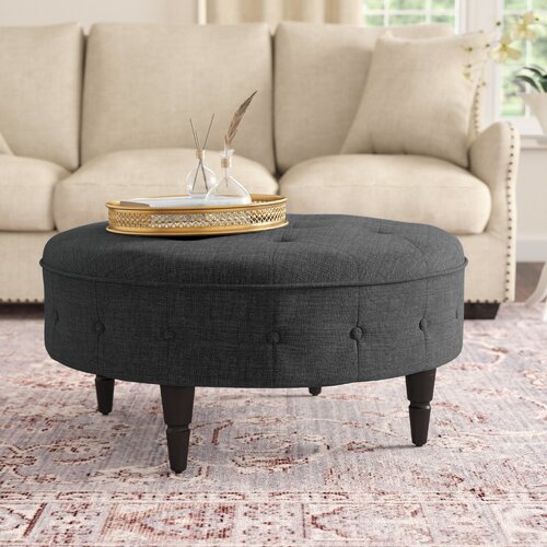 Modern Round Tufted Fabric Ottoman Coffee Table with Upholstered Footstoo and Wood Legs for Living Room
