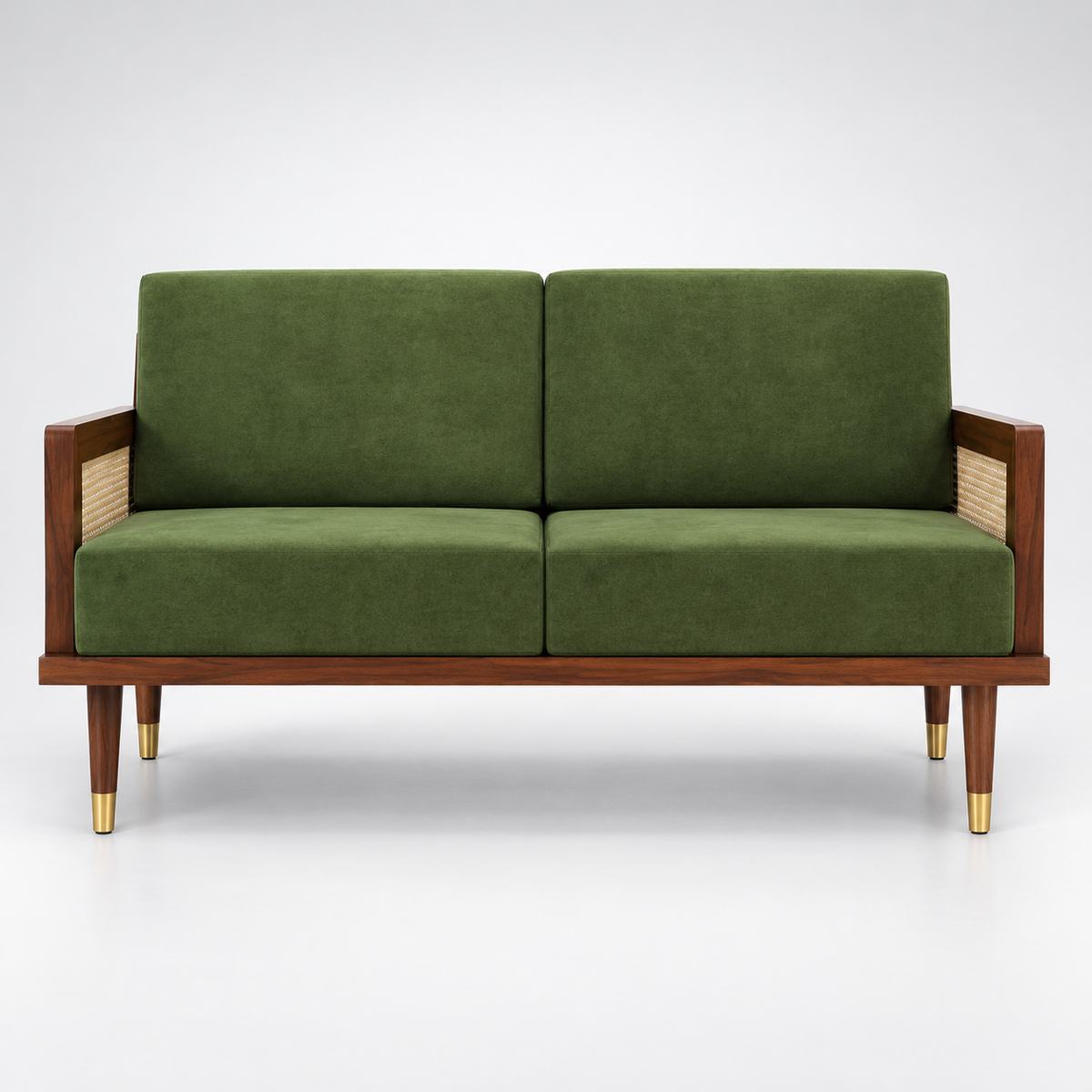 Green Wooden Armchair with Cane Sides, Comfortable Cushioned Seat, Stylish Modern Accent Chair for Living Room, Bedroom and Reading Corner