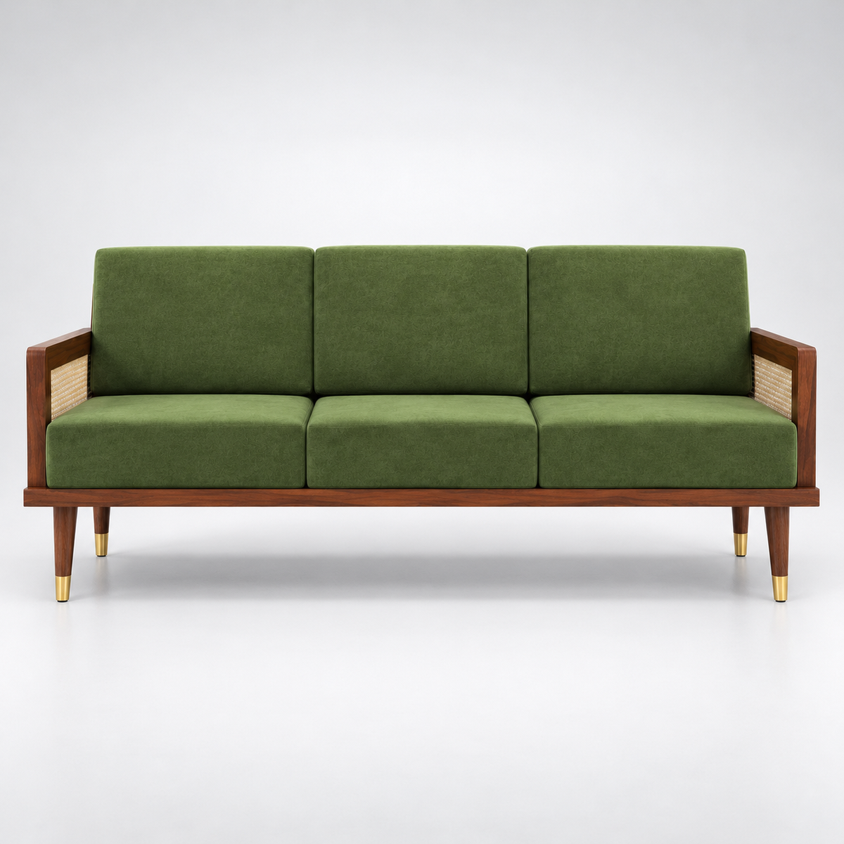 Green Wooden Armchair with Cane Sides, Comfortable Cushioned Seat, Stylish Modern Accent Chair for Living Room, Bedroom and Reading Corner