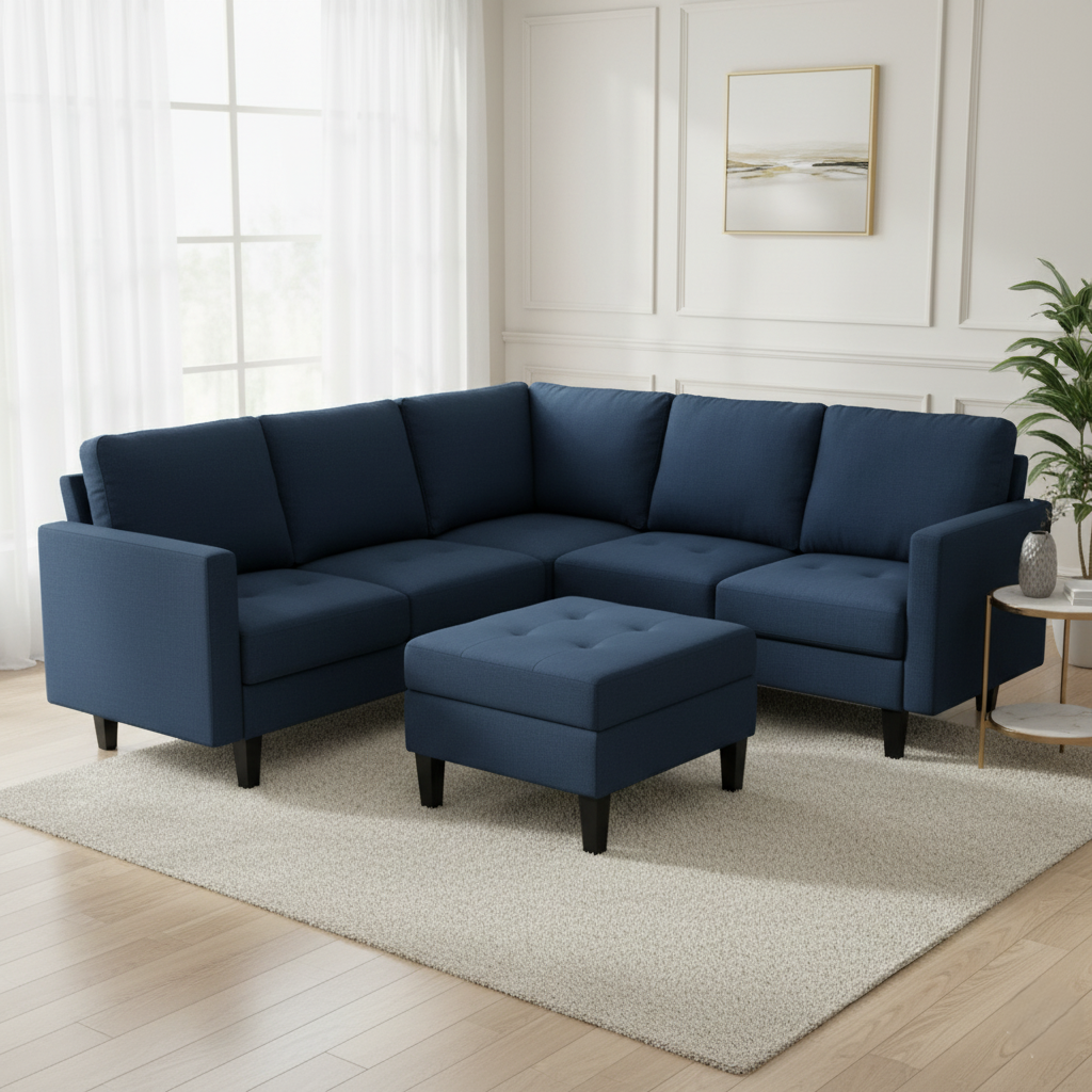 एल आकार का 5 सीटर सोफा, बेहतरीन गुणवत्ता वाली लकड़ी की संरचना और पॉलिश किए हुए पैरों के साथ, कार्यालय और घर, लिविंग रूम | वेटिंग रूम | मीटिंग रूम के लिए उपयुक्त