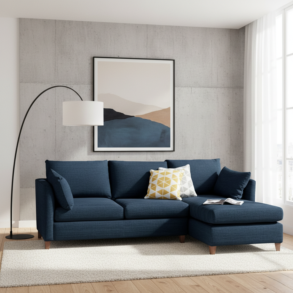 घर के लिए मुलायम कुशन और उच्च घनत्व वाले फोम के साथ लिविंग रूम के लिए एल आकार का फैब्रिक सोफा