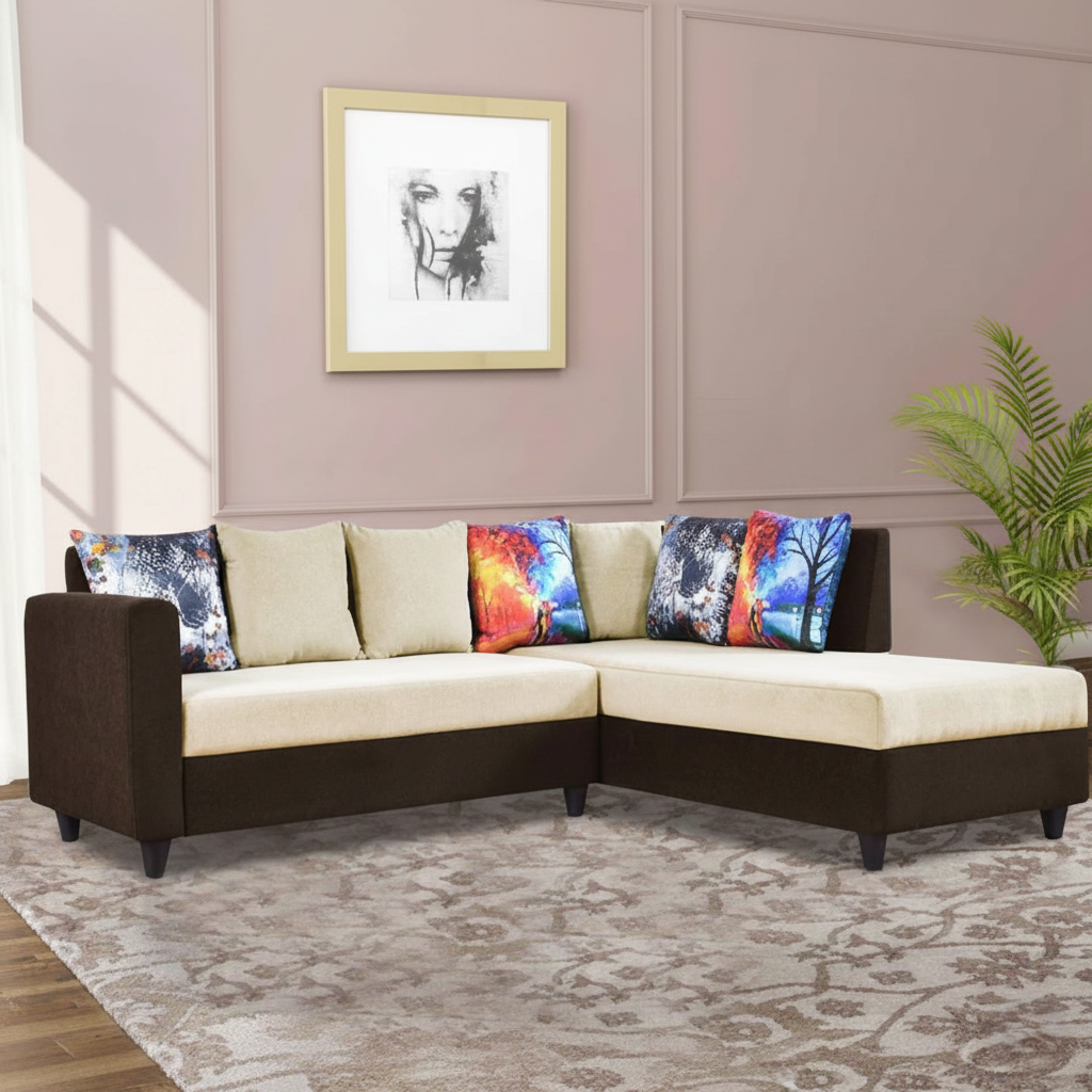 L Shape Sofa Made in Wooden Upholstery Suede Fabric with Wooden Legs with Polish Best Design for Home