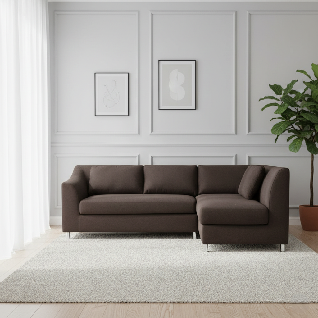 एल-आकार का लकड़ी का सोफा, 3 और 4 सीटर, साबर फ़ैब्रिक अपहोल्स्ट्री और लकड़ी के पैरों के साथ | लिविंग रूम और ऑफिस के लिए आदर्श