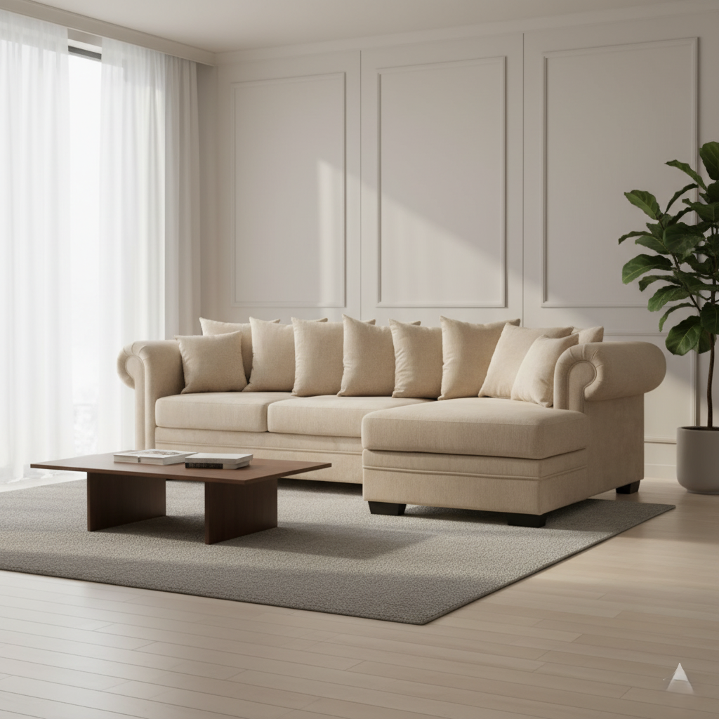 L Shape Sofa Suede Premium Upholstery with Wooden Structure and Wooden Legs with Polish for Home and Office