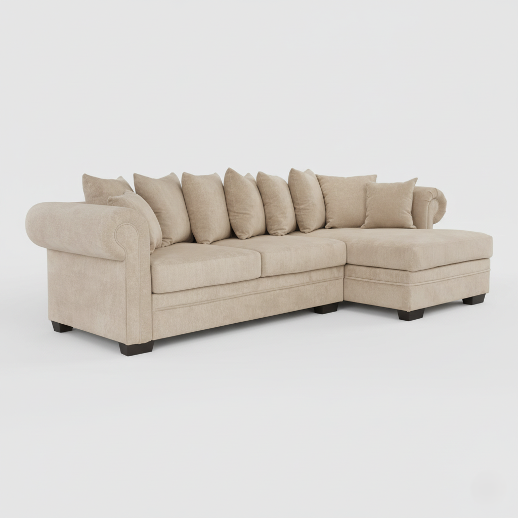 L Shape Sofa Suede Premium Upholstery with Wooden Structure and Wooden Legs with Polish for Home and Office