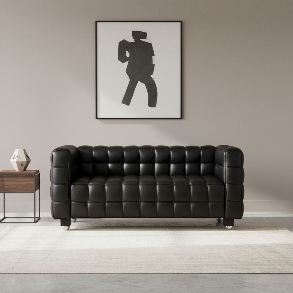 2 Seater Office Sofa Leatherette Fabric with Square Boxy Design Sofa for Home and Wooden Frame