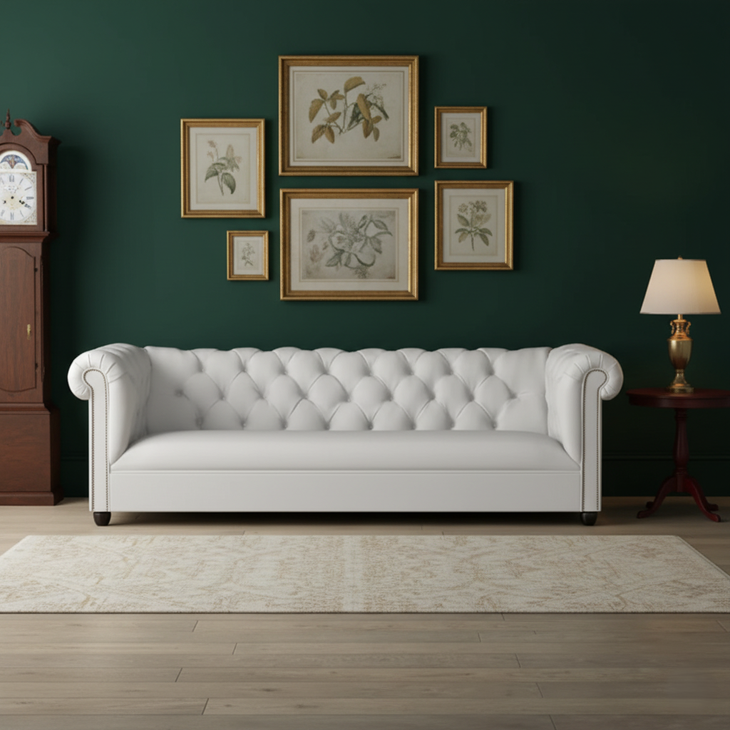 3 सीटर सोफा साबर फैब्रिक सॉफ्ट सीटिंग टफ्टेड डिज़ाइन सोफा के साथ घर के लिए, पॉलिश के साथ लकड़ी का फ्रेम और पैर