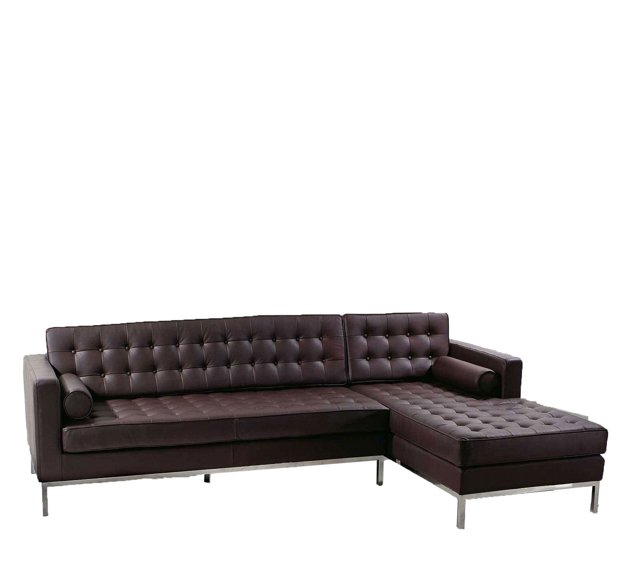 लकड़ी के ढांचे के साथ लेदरेट एल आकार का सोफा, सर्वोत्तम गुणवत्ता और गुच्छेदार डिज़ाइन, घर और कार्यालय के सोफे के लिए क्रोम फिनिश के साथ धातु के पैर