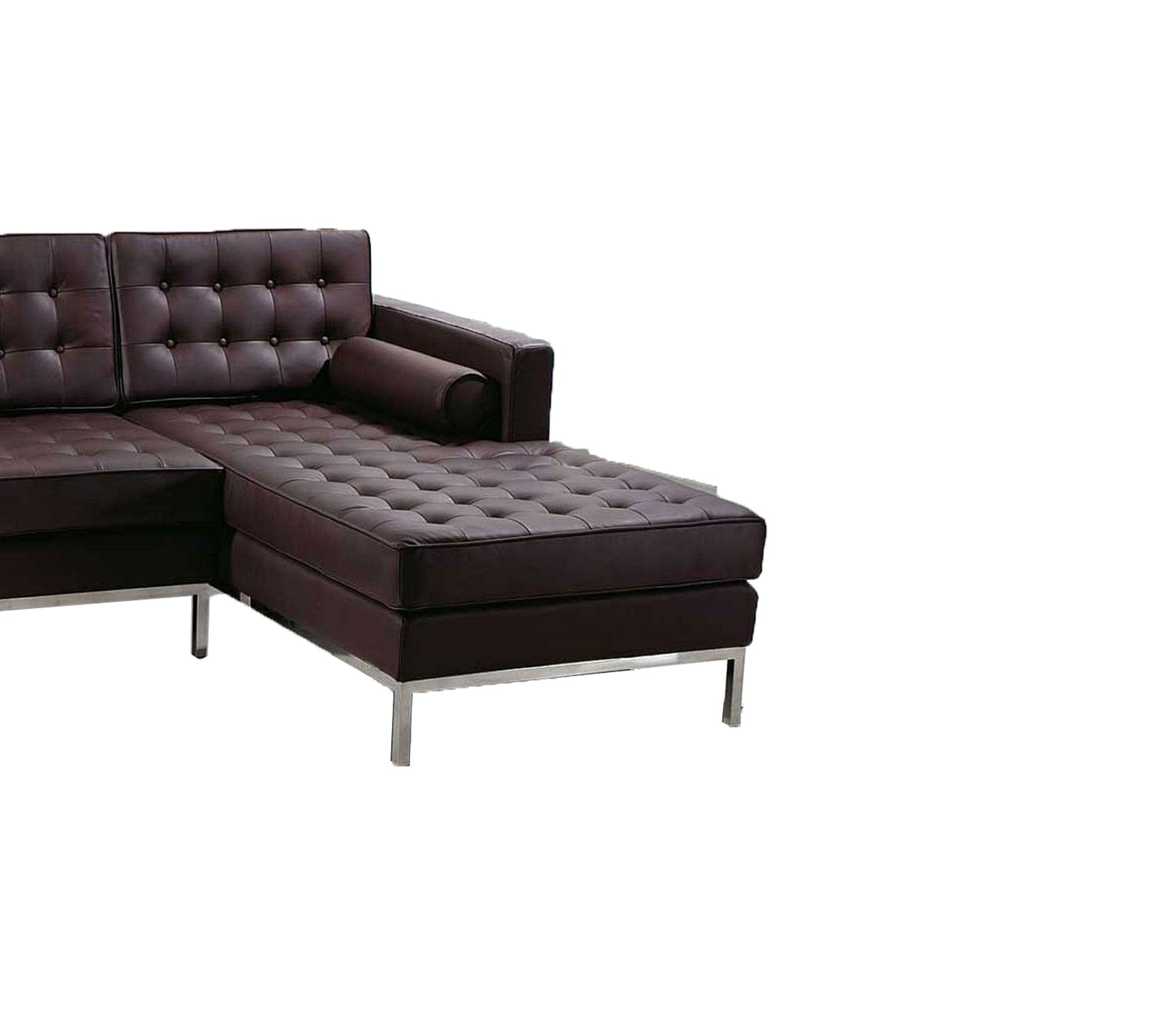 लकड़ी के ढांचे के साथ लेदरेट एल आकार का सोफा, सर्वोत्तम गुणवत्ता और गुच्छेदार डिज़ाइन, घर और कार्यालय के सोफे के लिए क्रोम फिनिश के साथ धातु के पैर