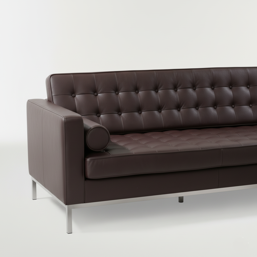 लकड़ी के ढांचे के साथ लेदरेट एल आकार का सोफा, सर्वोत्तम गुणवत्ता और गुच्छेदार डिज़ाइन, घर और कार्यालय के सोफे के लिए क्रोम फिनिश के साथ धातु के पैर