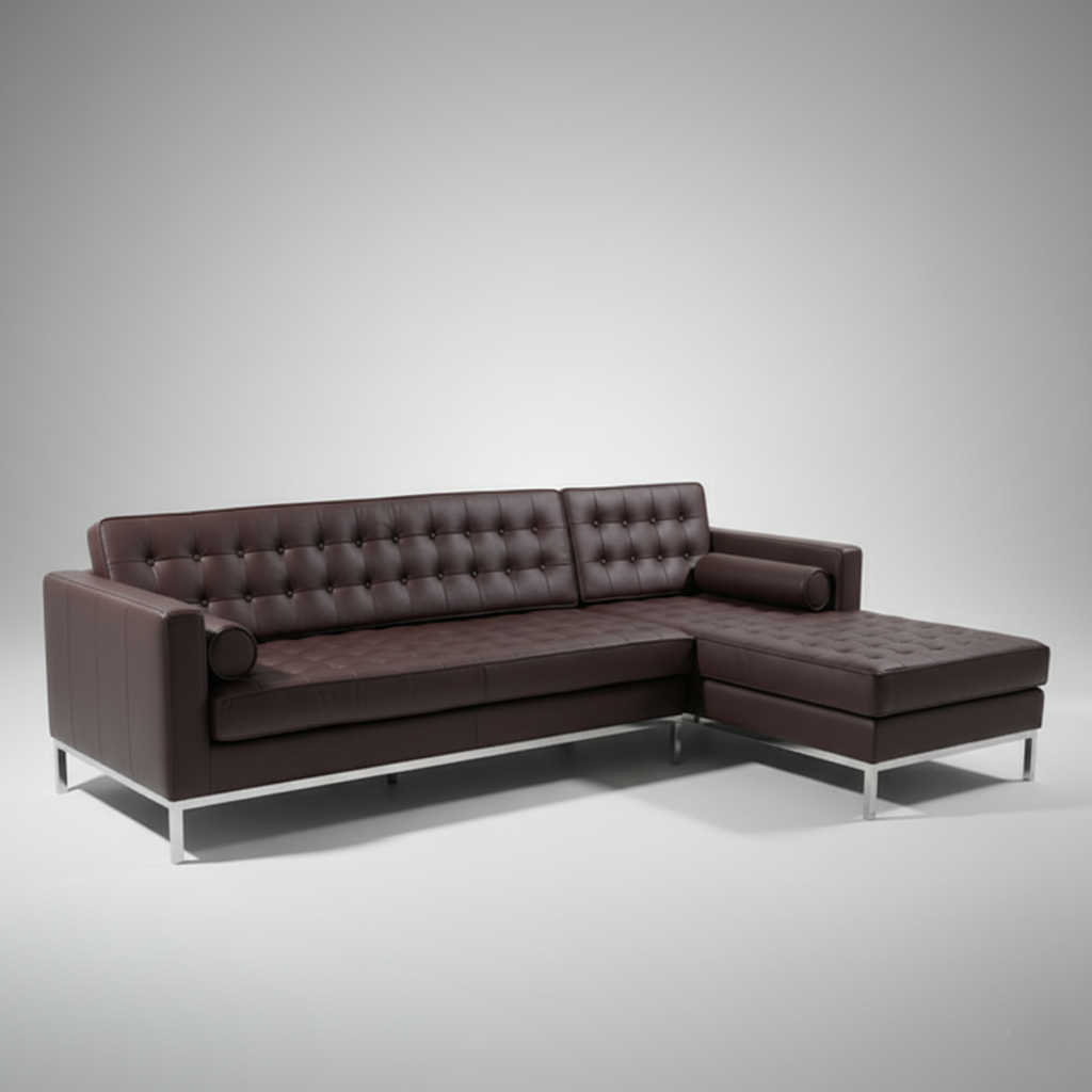 लकड़ी के ढांचे के साथ लेदरेट एल आकार का सोफा, सर्वोत्तम गुणवत्ता और गुच्छेदार डिज़ाइन, घर और कार्यालय के सोफे के लिए क्रोम फिनिश के साथ धातु के पैर