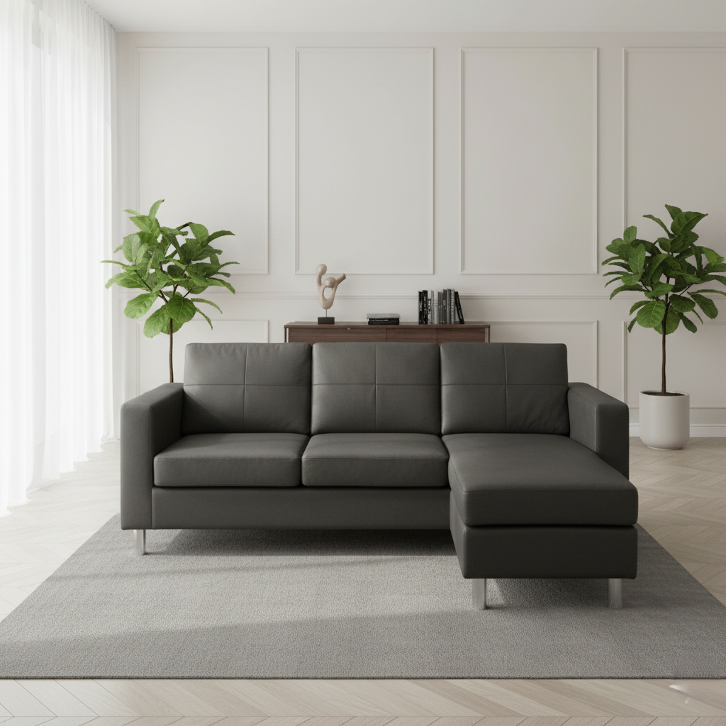 घर के लिए एल आकार का सोफा, लकड़ी के फ्रेम में बना, चमड़े के असबाब के साथ, धातु के पैरों के साथ नरम कुशन