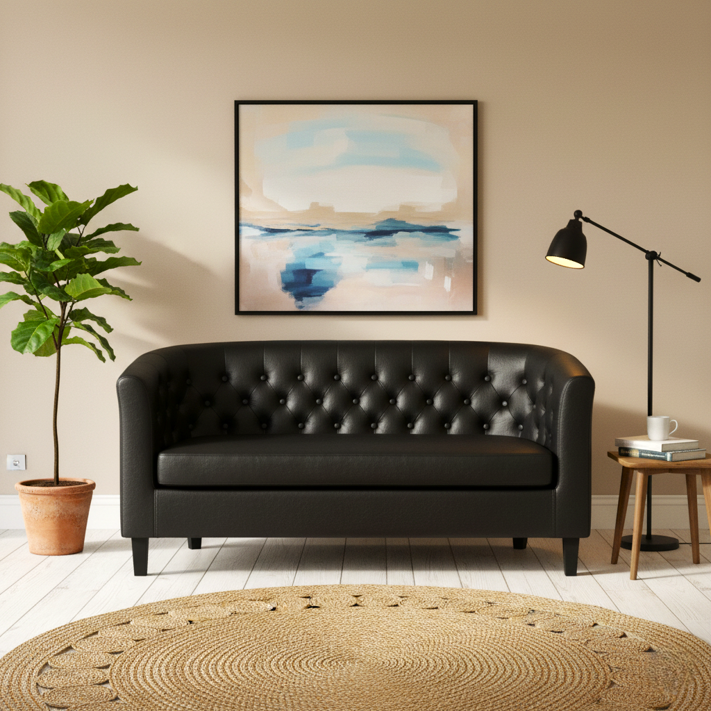 Modern living room with a black leather sofa, round rug, plant, and wall art.