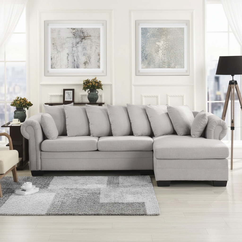 L Shape Sectional Sofa Home Furniture Made in Marandi wood with Suede Fabric Durable in High Quality Designer Sofas