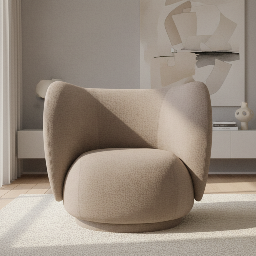 Modern Upholstered Lounge Chair with Curved Armrests and Luxury Fabric Accent Chair for Living Room & Bedroom