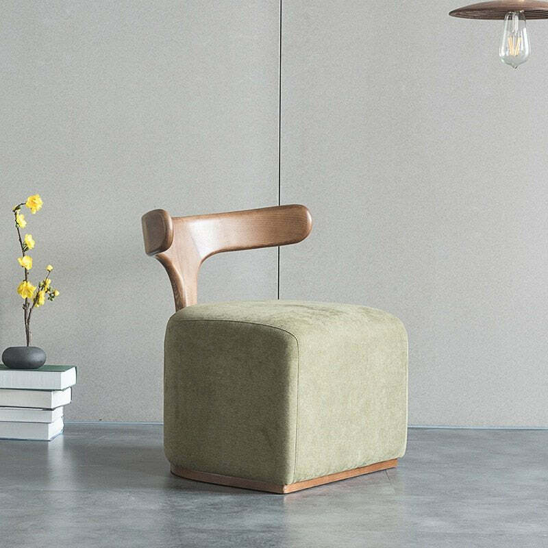 Lounge Chair with Modern Sculptural Accent and Wooden T-Back & Olive Upholstered Base