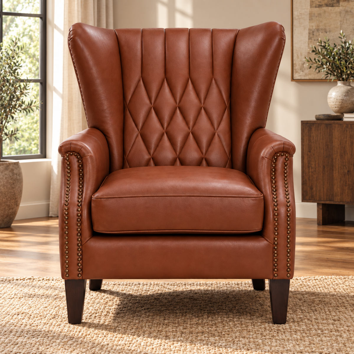 Premium High-Back Wing Chair with Diamond-Tufted Back, Padded Arms, Nail-head Trim, Wide Seat and Tapered Legs for Home & Office