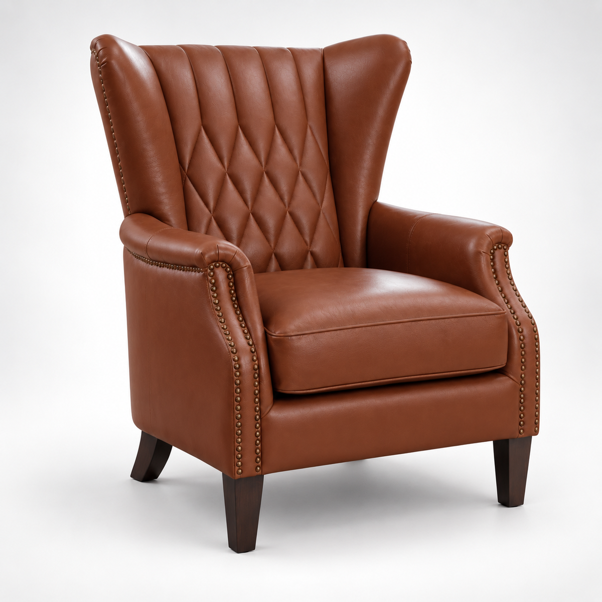 Premium High-Back Wing Chair with Diamond-Tufted Back, Padded Arms, Nail-head Trim, Wide Seat and Tapered Legs for Home & Office