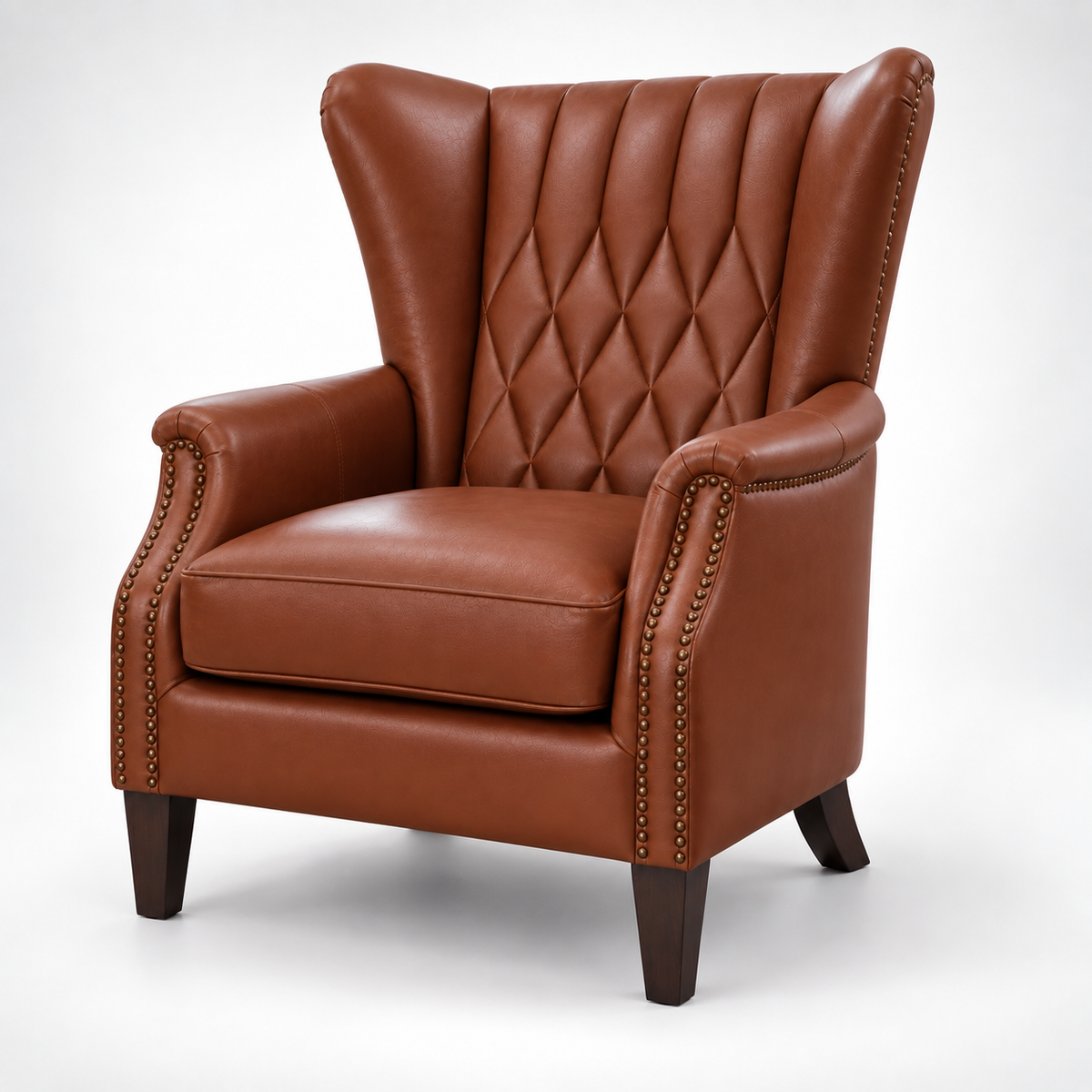 Premium High-Back Wing Chair with Diamond-Tufted Back, Padded Arms, Nail-head Trim, Wide Seat and Tapered Legs for Home & Office