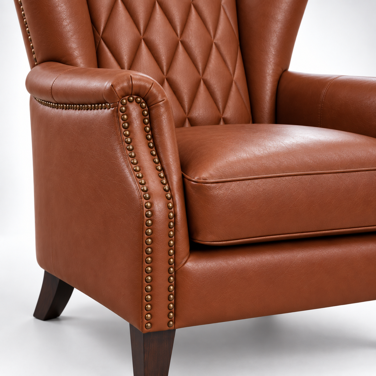 Premium High-Back Wing Chair with Diamond-Tufted Back, Padded Arms, Nail-head Trim, Wide Seat and Tapered Legs for Home & Office