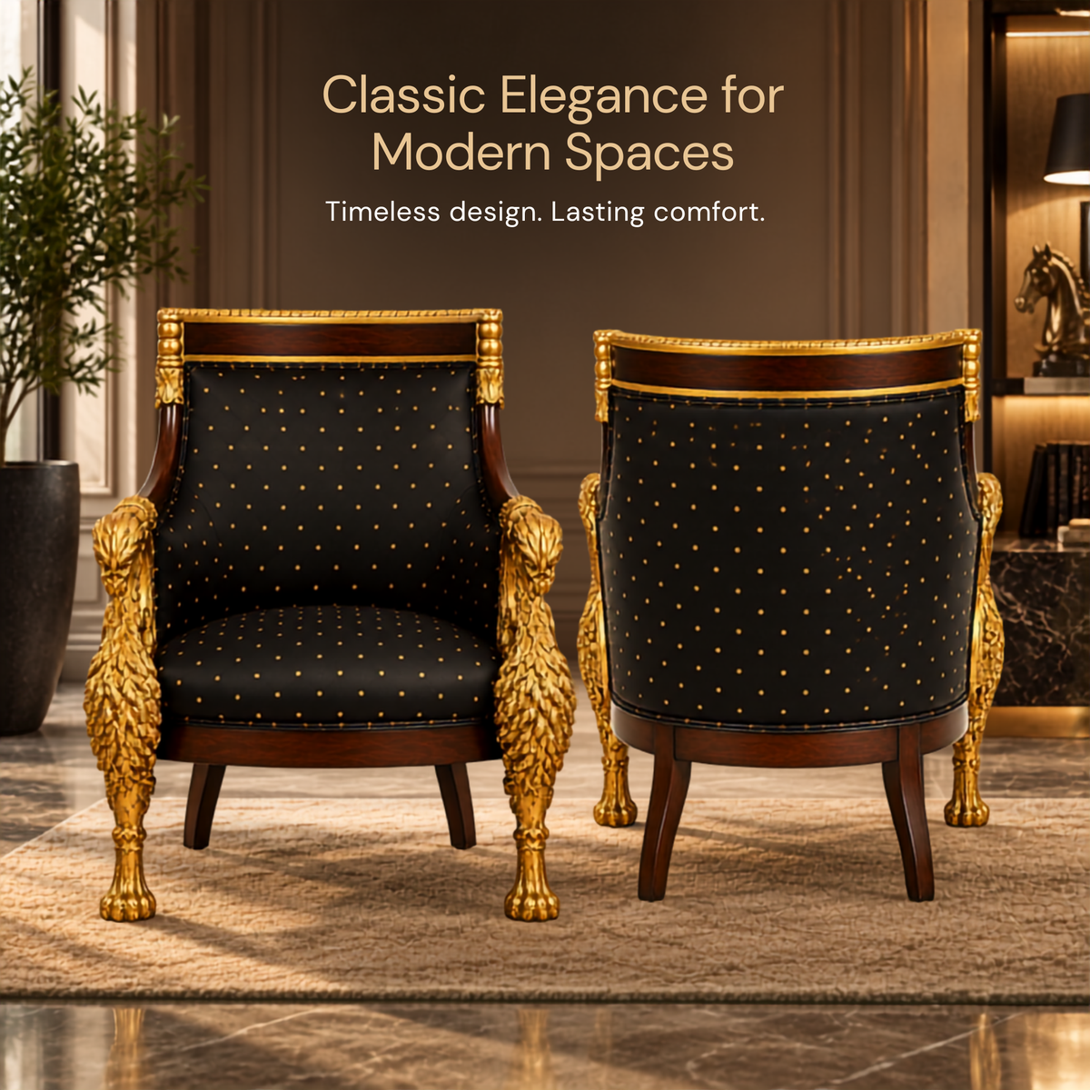 Royal Handcrafted Director's Chair – Solid Teak Wood with Fabric Upholstery & Golden Carved Armrests