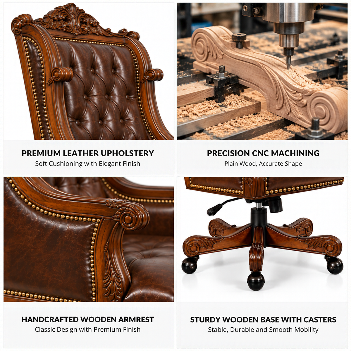 Luxury Design Boss and Director High-Back Leatherette Office Chair Swivel, Adjustable Height, Fixed Armrest, and for Wooden Base