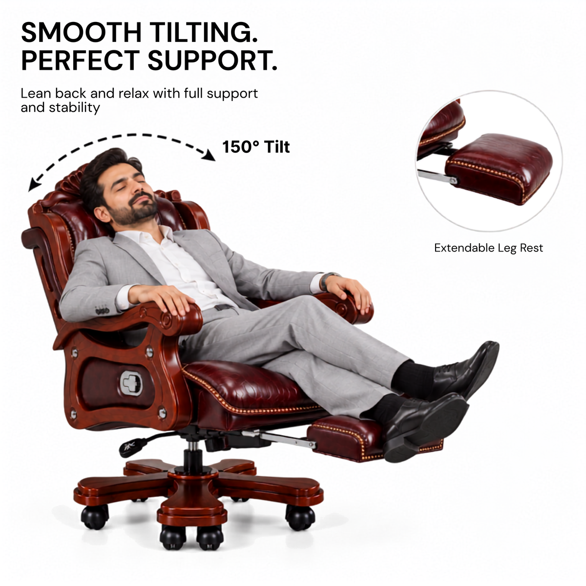 Luxury Office Director Chair Made in Teak wood with Leatherette and Soft Padded - Armrest and Swivel Base and Polish, 150° Reclining Office Seat -Brown
