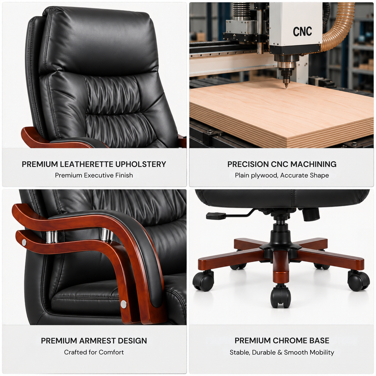 High Back Director Chair for office Made in Plyboard with Leatherette Upholstery & Armrest with wooden WheelBase & Revolving Chair -black