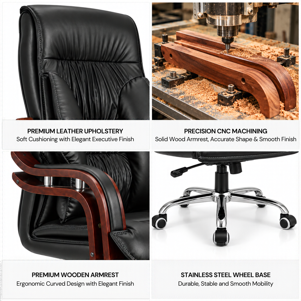 Luxury Boss Chair with High Back Leatherette Design and Stylish Chrome Base and Wooden Handle