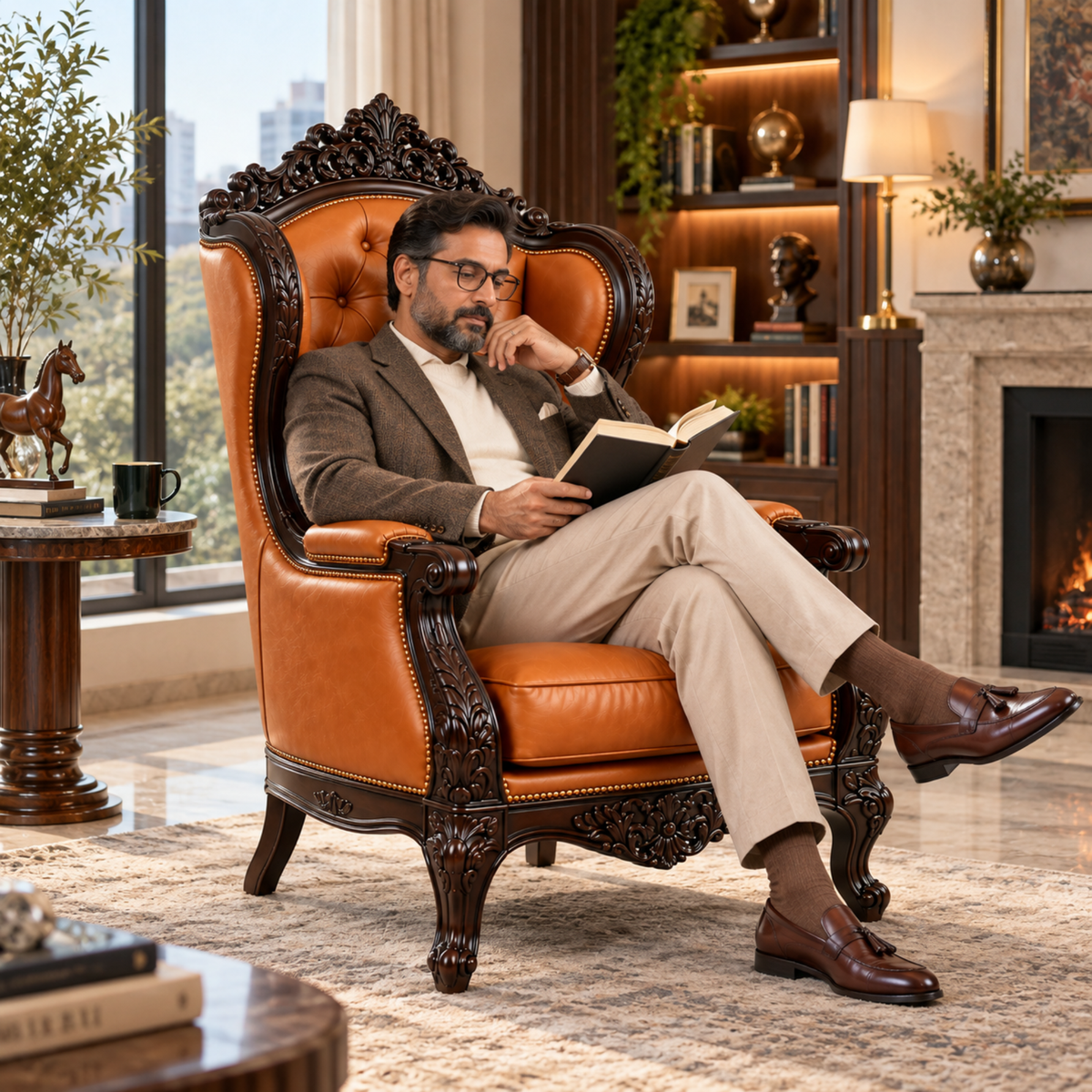 Royal Maharaja High Back Chair, upholstered in luxurious Leatherette, featuring wide armrests and design and Hand Crafting Chair Durable & High Comfort Chair