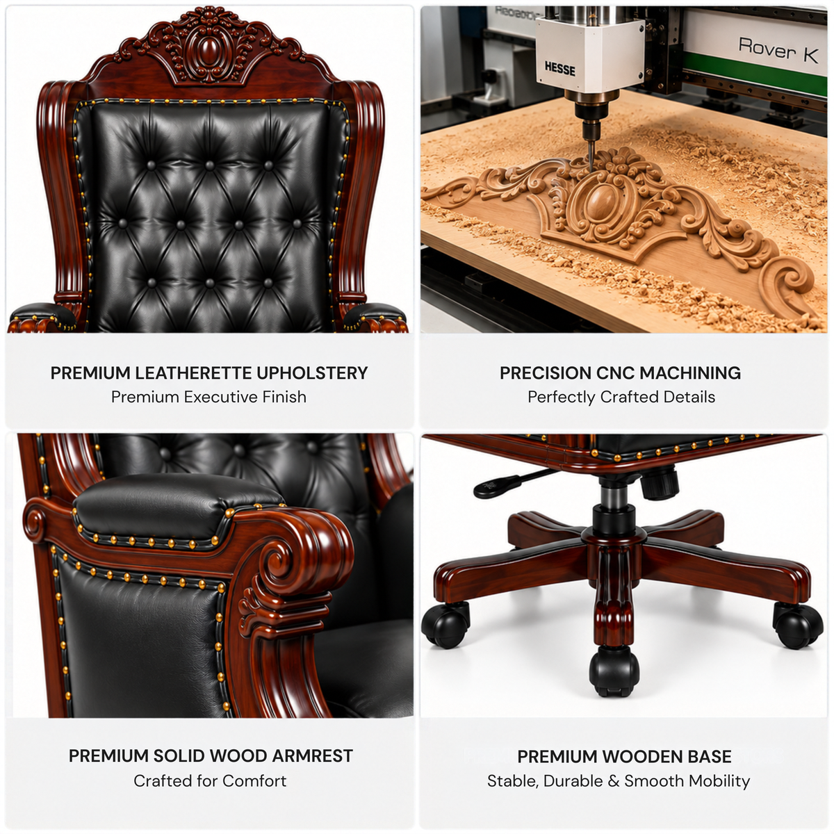 Director Chair Luxury High-Back Leatherette Office Chair with Adjustable Height, Fixed Armrests, Wooden Base, Premium Handcrafted Swivel Tilt Chair