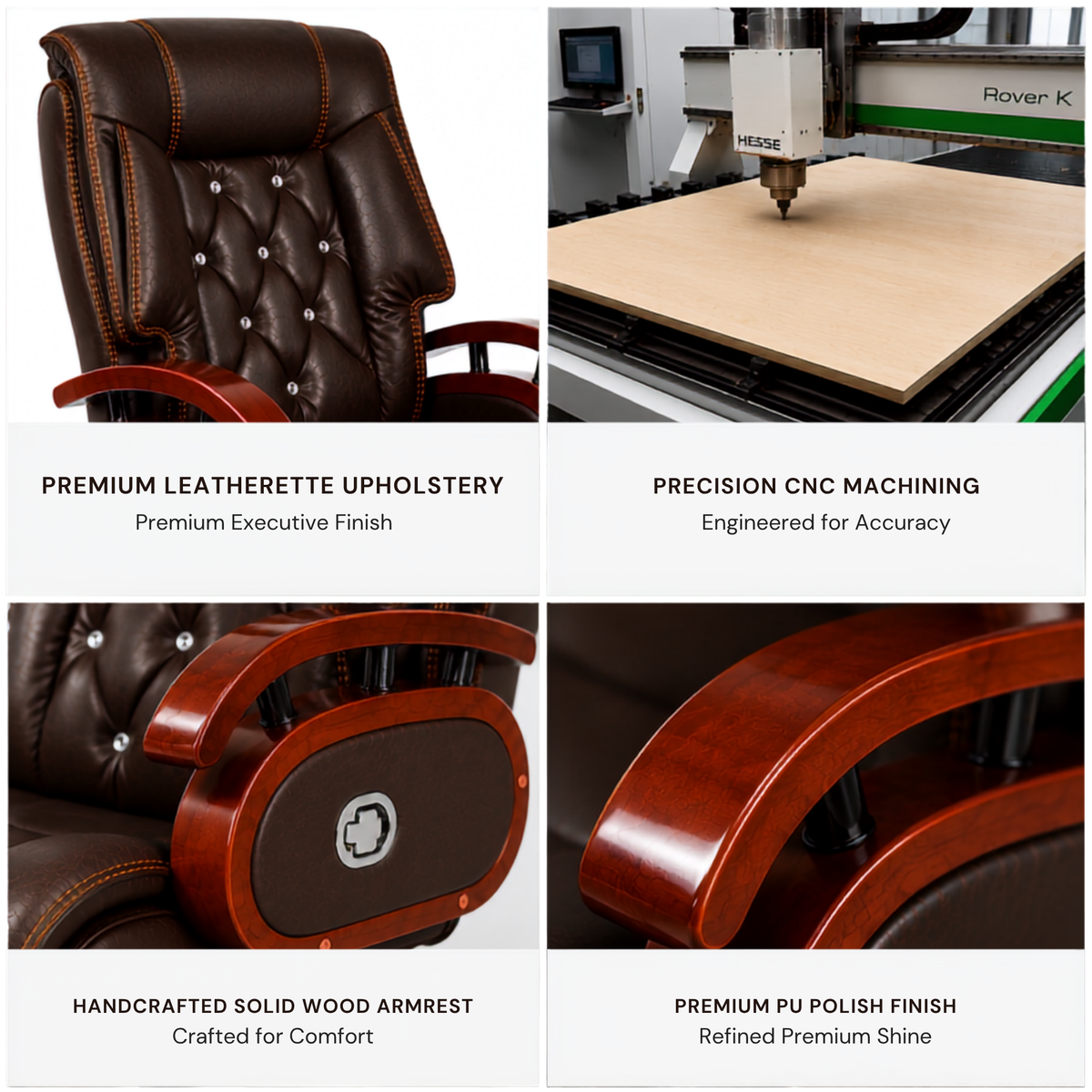 High Back Leatherette and Pure Leather Wooden Director Office Chair with Wooden Base and Handle, Wooden chair