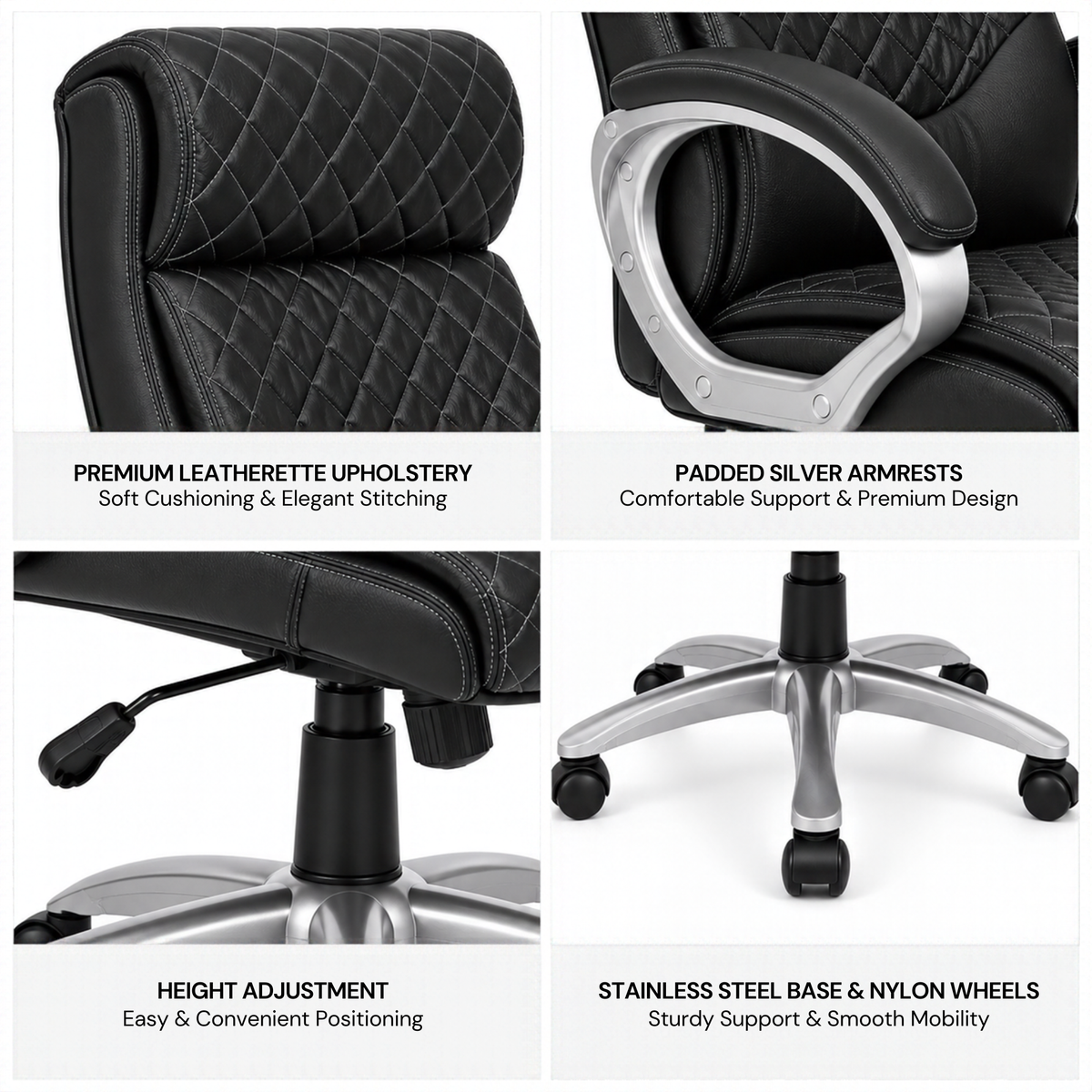 Luxury Executive Office Chair with Diamond Quilted High Backrest, Padded Headrest, Cushioned Armrests, Adjustable Height & Chrome Swivel Base