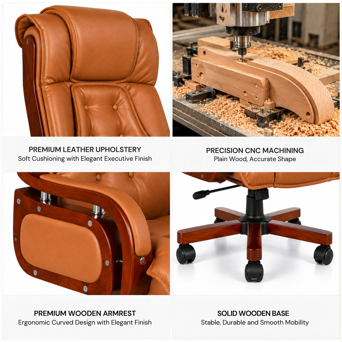 High Back Executive Chair for Office | Leatherette Upholstery with Wooden Base & Handle | Revolving Director Chair with Cushioned Seat & Headrest | Boss Chair Brown