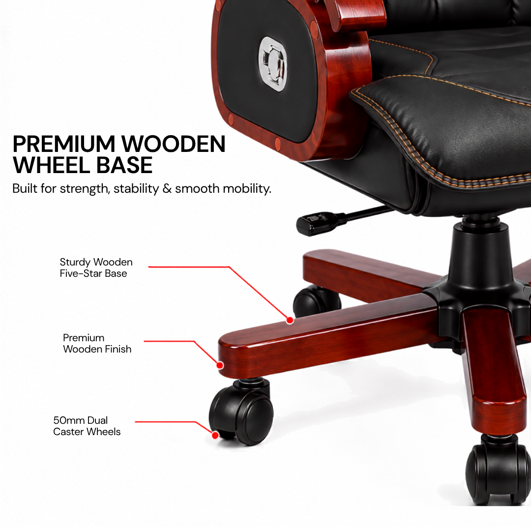 High Back Leatherette and Pure Leather Wooden Director Office Chair with Wooden Base and Handle, Wooden chair