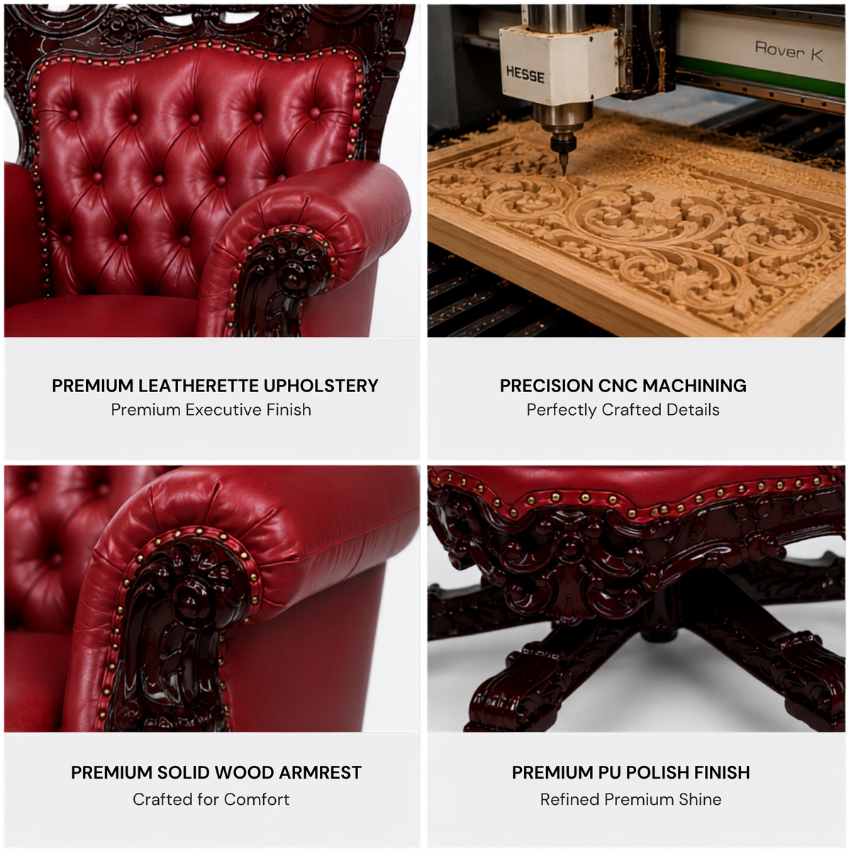 Design Hand Carved Teak Wood Adjustable Height 360D Swivel Button Tufted Office Armrest Chair