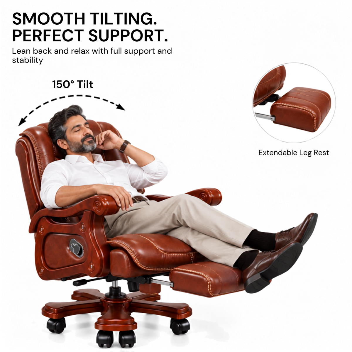 High Back Luxury Office Director Chair Made in Plyboard with Leatherette and High Density Foam & Recliner Feature and Double Wheel with wooden Polish