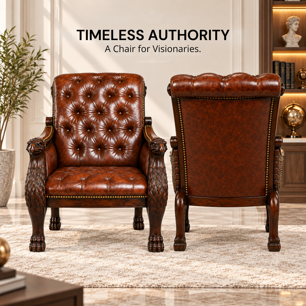 Royal Handcrafted Director's Chair – Solid Teak Wood with Leatherette Upholstery & Brown Carved Armrests
