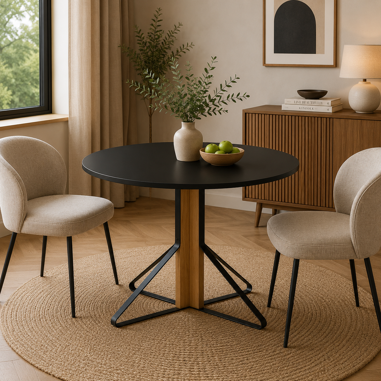 Modern Black Round Dining Table with Unique Wood & Metal Pedestal Base - Stylish & Compact