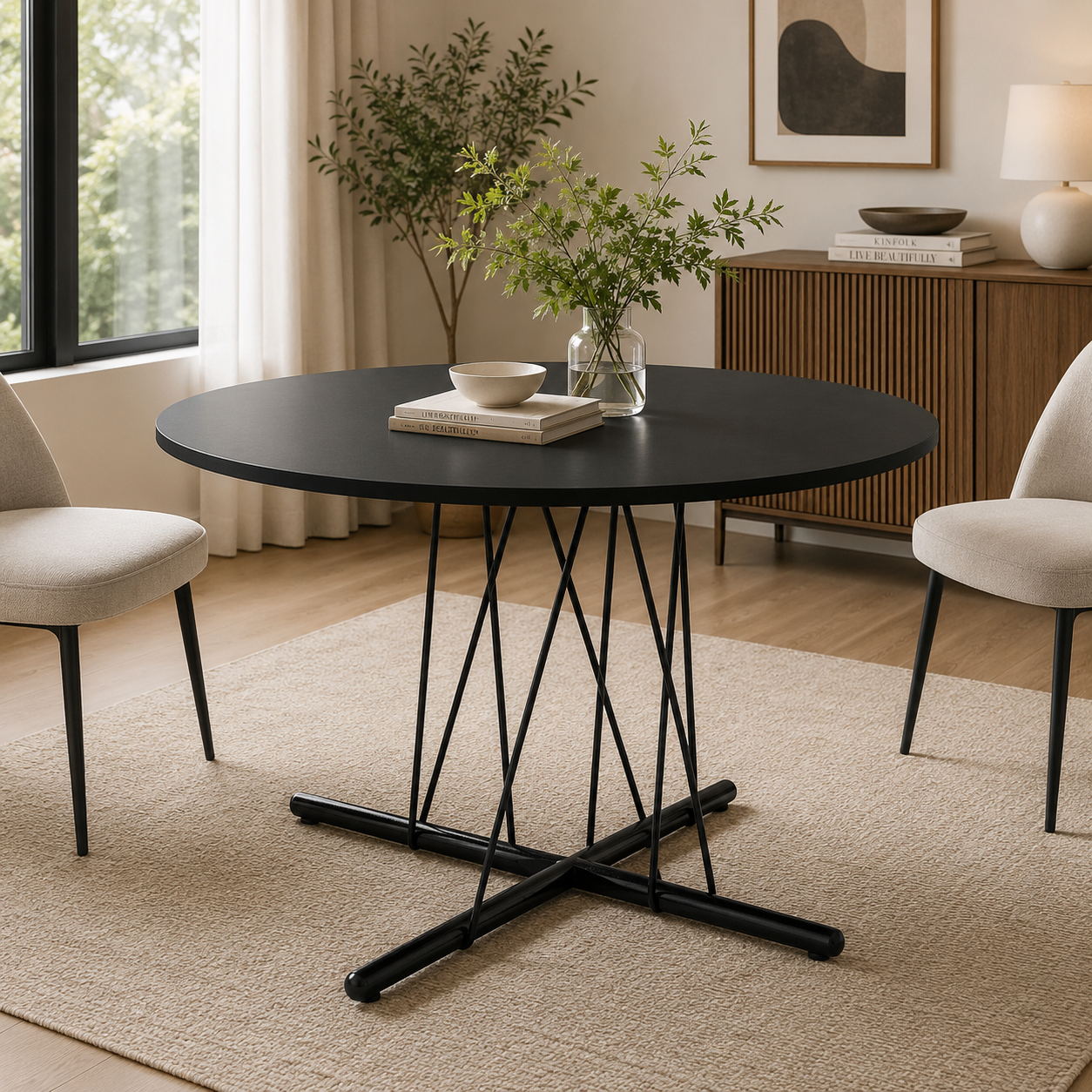 Industrial Round Dining Table for Home, Dining Room, Kitchen, Cafe | Black Finish