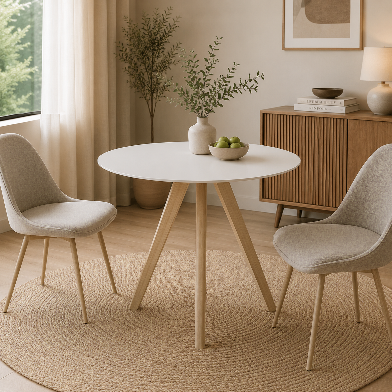 Scandinavian Round Dining Table for Home, Dining Room, Kitchen, Cafe | White Top with Natural Wood Finish