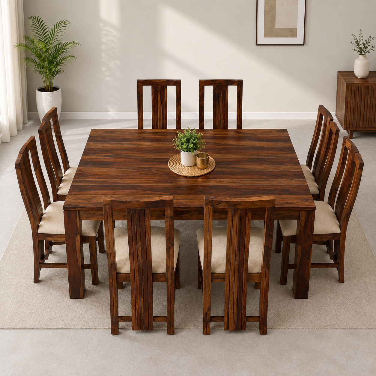 Sheesham Wood 9-Piece Dining Set | Square Table with 8 Chairs | Durable & Stylish Home Furniture